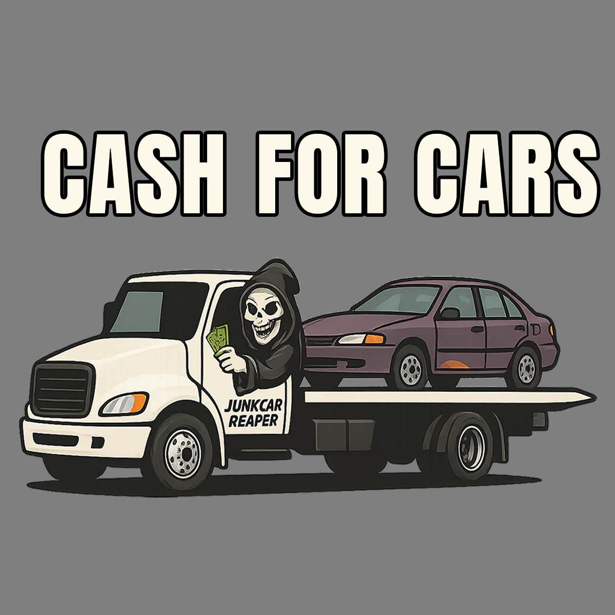 The Car Reaper driving a tow truck with a car on the back that he paid cash for
